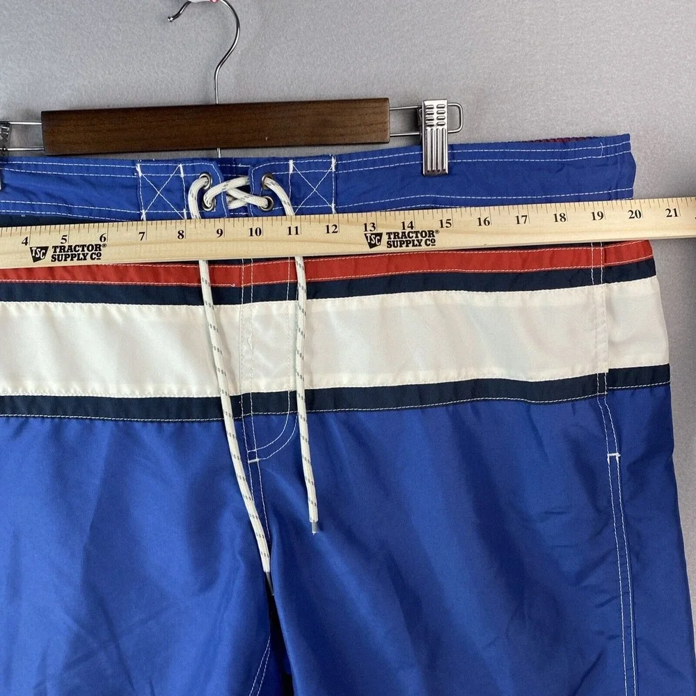 Boston Traders Men XL Swim Trunks Blue White Red Striped Mesh Lined Board Shorts
